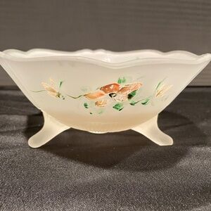 Set of (2) Vintage Frosted Glass with Hand Painted Cherry Blossom Bowl and Tray